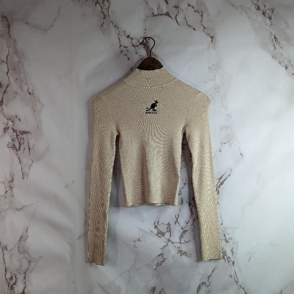 Kangol x H&M Sweater Crop Rib Knit Mock Turtle Neck Womens Beige - Picture 3 of 15